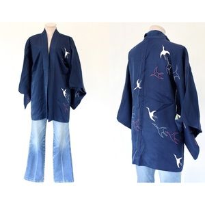 Vintage silk Japanese kimono blue check birds in flight
